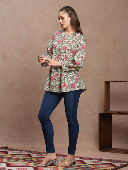 Ethnic Floral Printed Pin Tucked A-Line Pleated Kurti - Multi