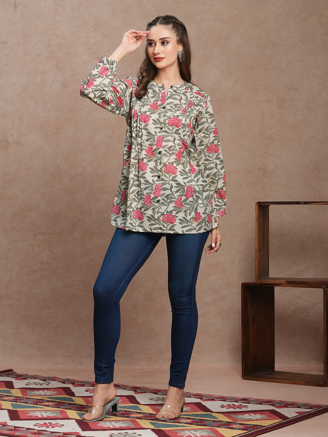 Ethnic Floral Printed Pin Tucked A-Line Pleated Kurti - Multi