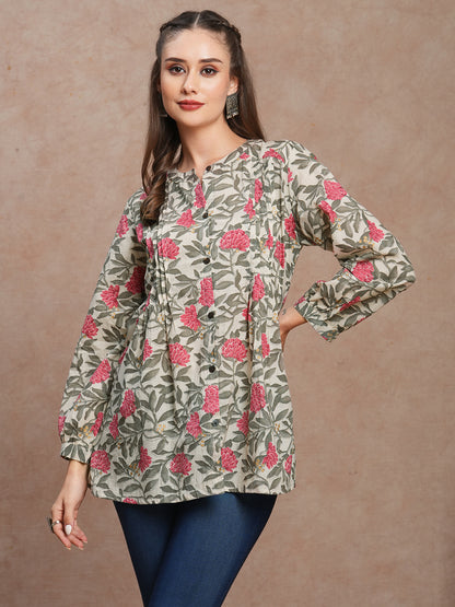 Ethnic Floral Printed Pin Tucked A-Line Pleated Kurti - Multi