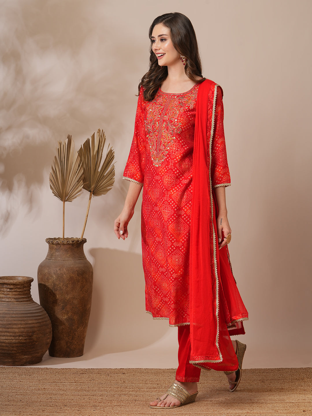 Bandhani Printed & Embroidered Straight Fit Kurta with Pant & Dupatta - Red