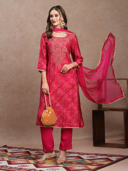 Bandhani Printed & Embroidered Straight Fit Kurta with Pant & Dupatta - Pink