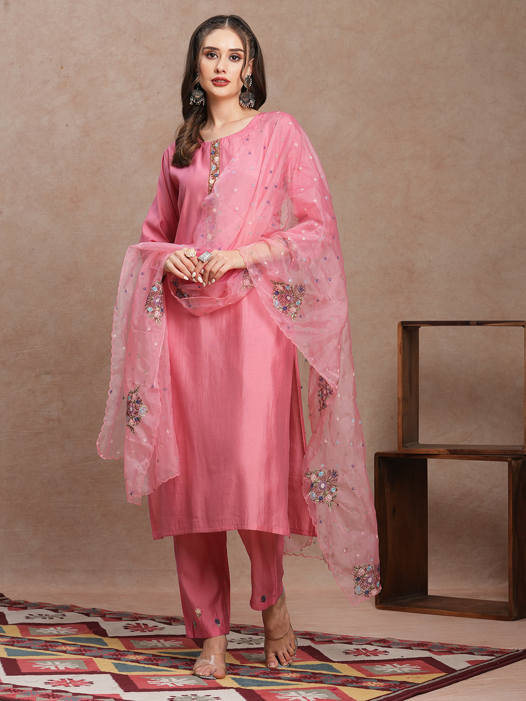 Floral Hand Embroidered Straight Fit Kurta with Pant & Dupatta - Pink