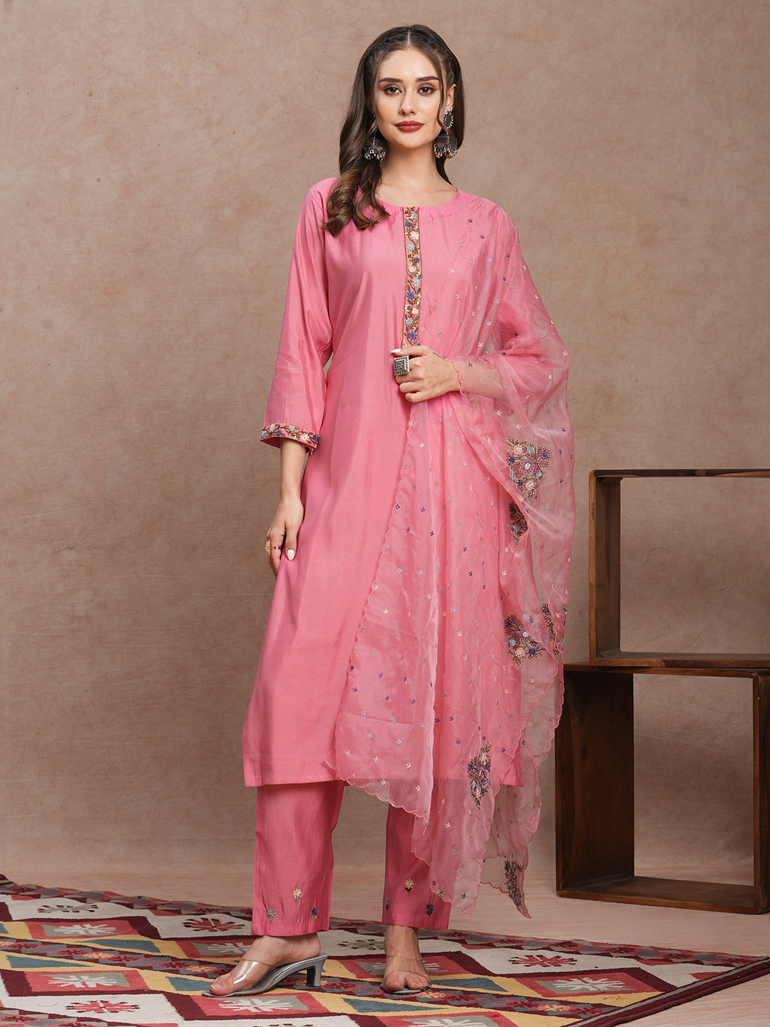 Floral Hand Embroidered Straight Fit Kurta with Pant & Dupatta - Pink