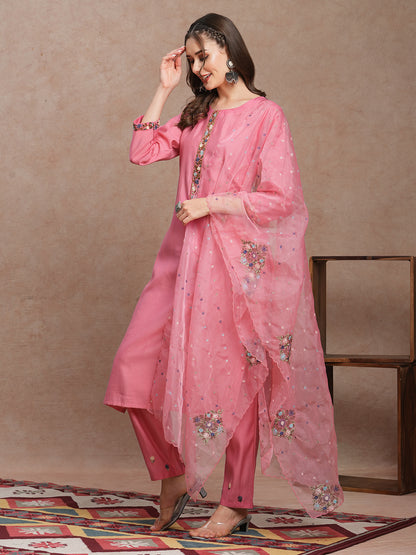 Floral Hand Embroidered Straight Fit Kurta with Pant & Dupatta - Pink