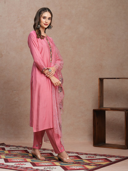 Floral Hand Embroidered Straight Fit Kurta with Pant & Dupatta - Pink