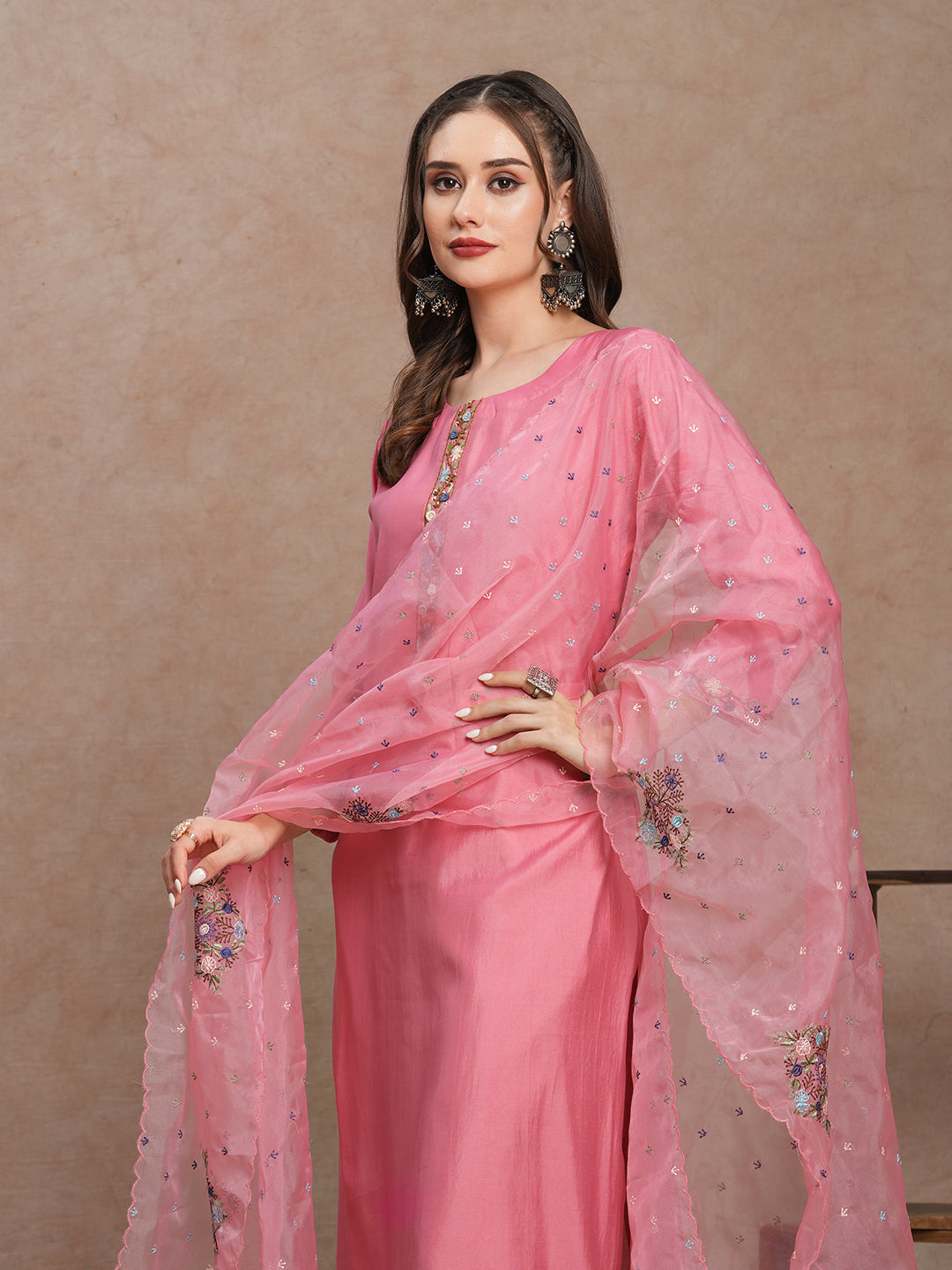 Floral Hand Embroidered Straight Fit Kurta with Pant & Dupatta - Pink