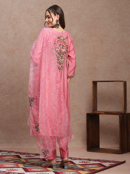 Floral Hand Embroidered Straight Fit Kurta with Pant & Dupatta - Pink