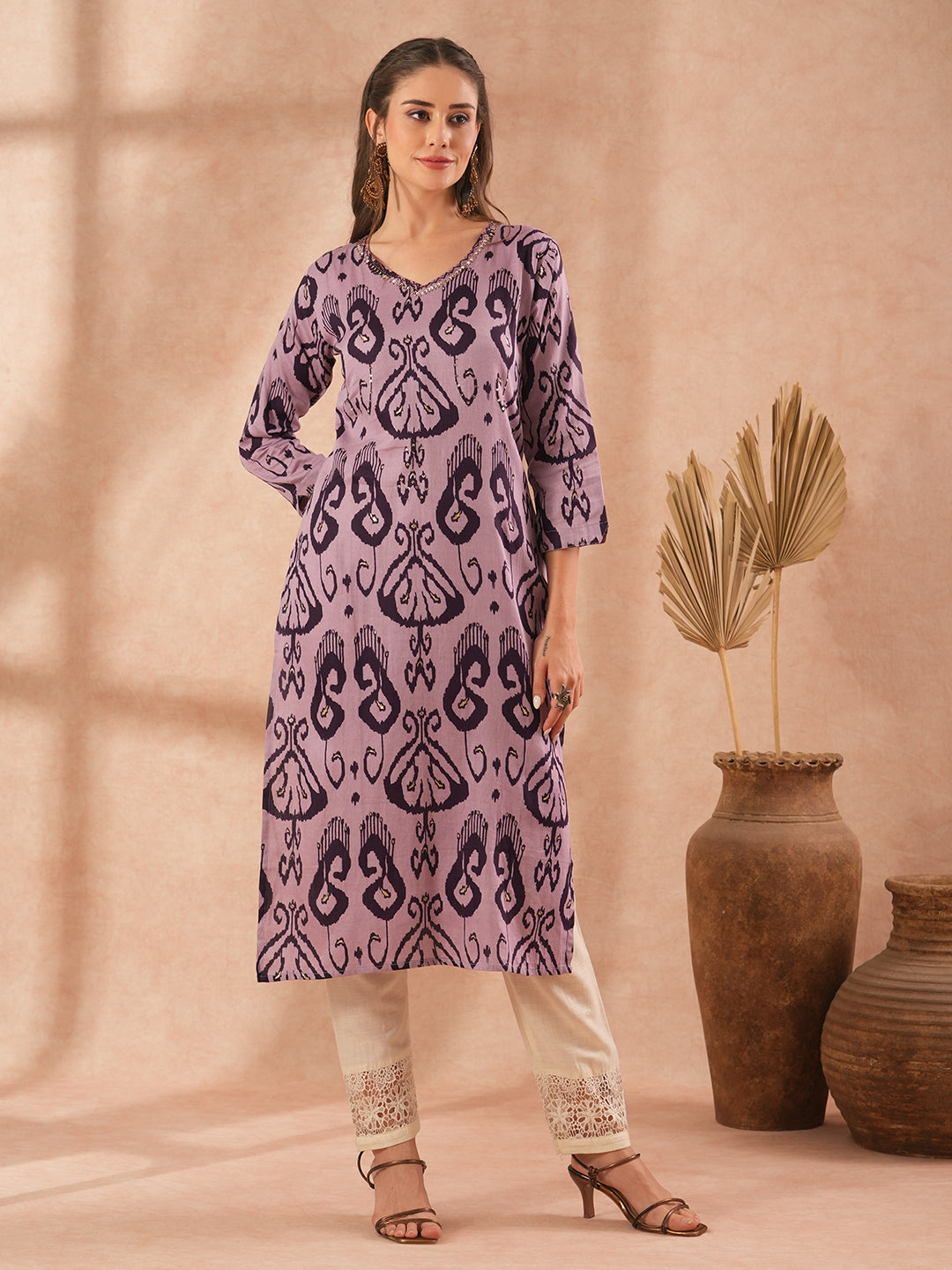 Ethnic Ikat Printed & Embroidered Straight Fit Kurta - Lavender