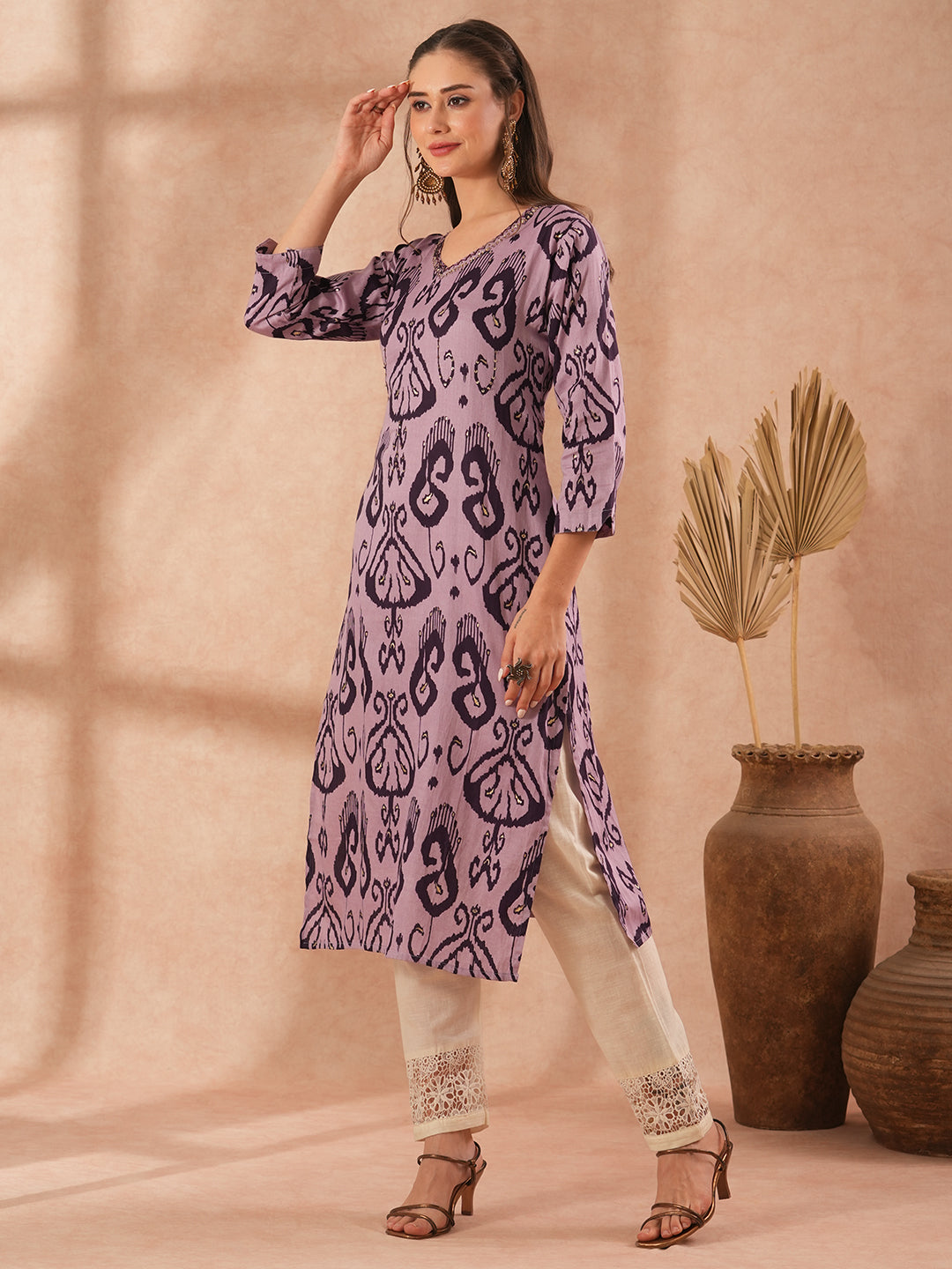 Ethnic Ikat Printed & Embroidered Straight Fit Kurta - Lavender