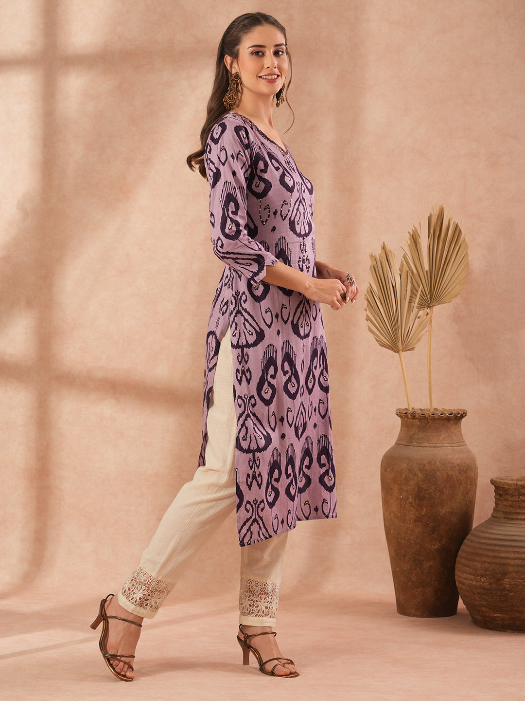 Ethnic Ikat Printed & Embroidered Straight Fit Kurta - Lavender