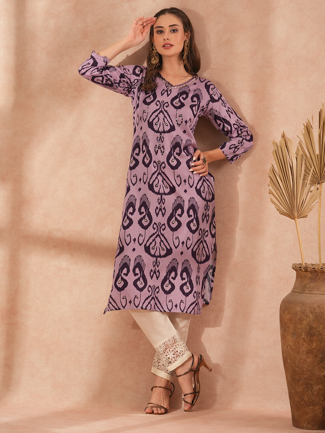 Ethnic Ikat Printed & Embroidered Straight Fit Kurta - Lavender