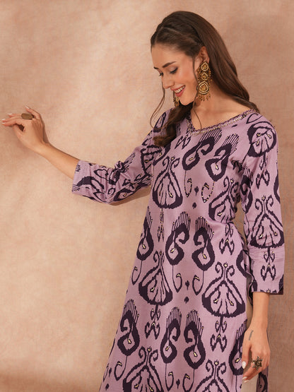 Ethnic Ikat Printed & Embroidered Straight Fit Kurta - Lavender