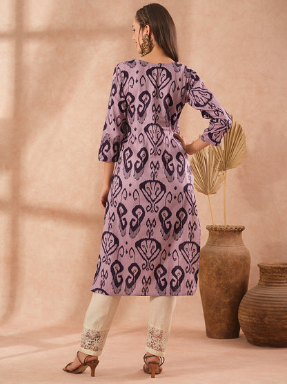 Ethnic Ikat Printed & Embroidered Straight Fit Kurta - Lavender