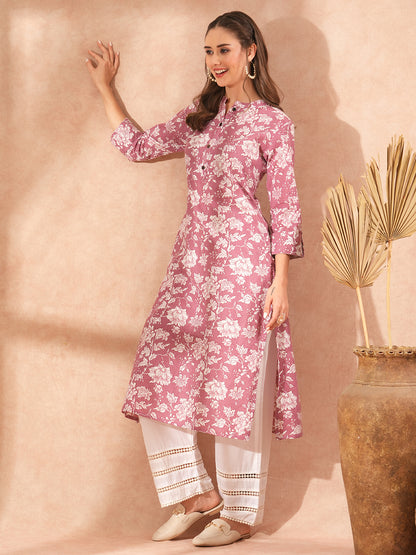 Ethnic Floral Printed Straight Fit Kurta - Mauve