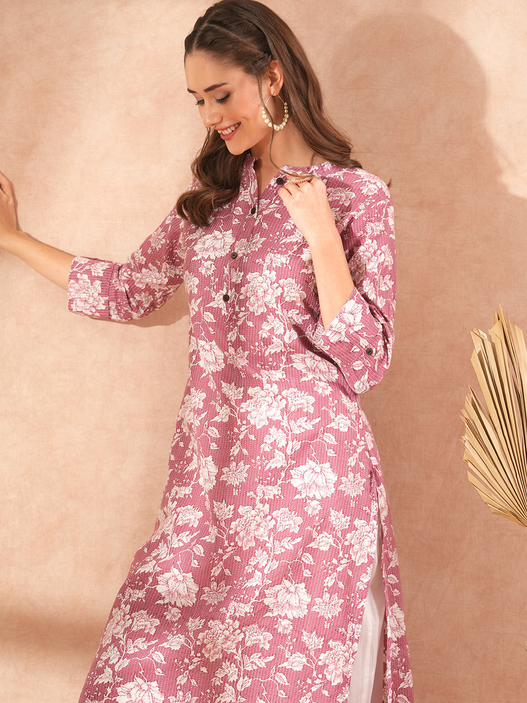 Ethnic Floral Printed Straight Fit Kurta - Mauve