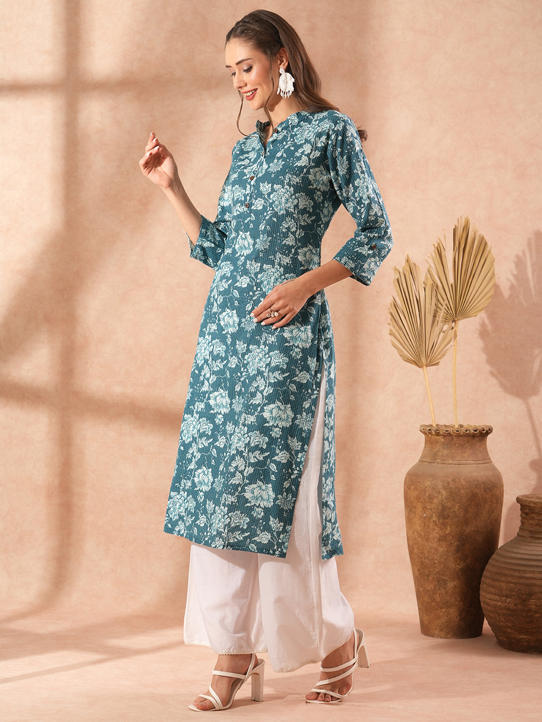 Ethnic Floral Printed Straight Fit Kurta - Teal Blue