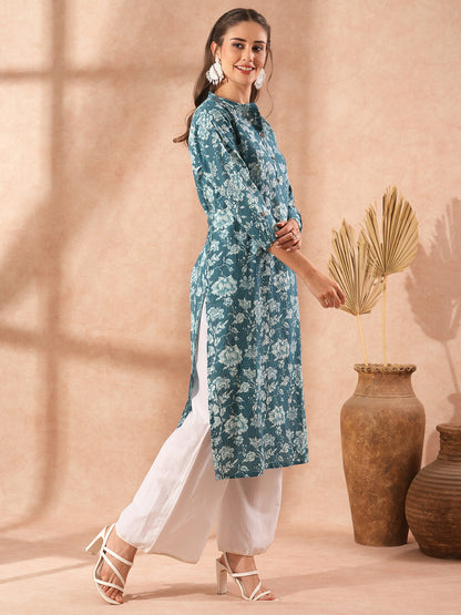 Ethnic Floral Printed Straight Fit Kurta - Teal Blue