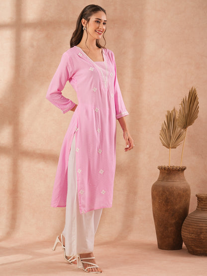 Ethnic Embroidered Straight Fit Kurta - Pink