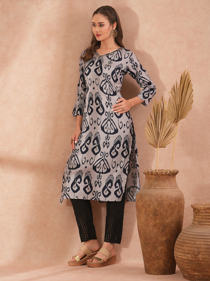 Ethnic Ikat Printed & Embroidered Straight Fit Kurta - Grey