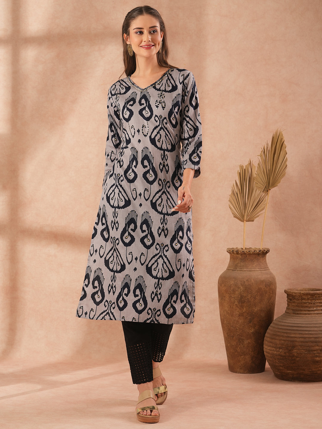 Ethnic Ikat Printed & Embroidered Straight Fit Kurta - Grey