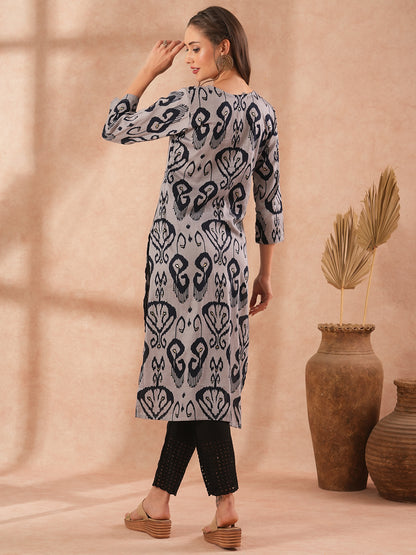 Ethnic Ikat Printed & Embroidered Straight Fit Kurta - Grey