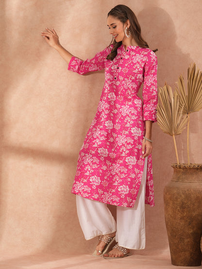 Floral Printed Straight Fit Kurta - Pink