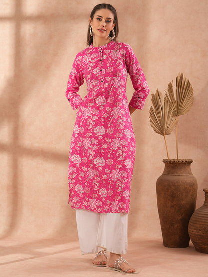 Floral Printed Straight Fit Kurta - Pink