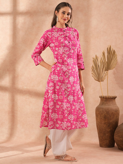 Floral Printed Straight Fit Kurta - Pink