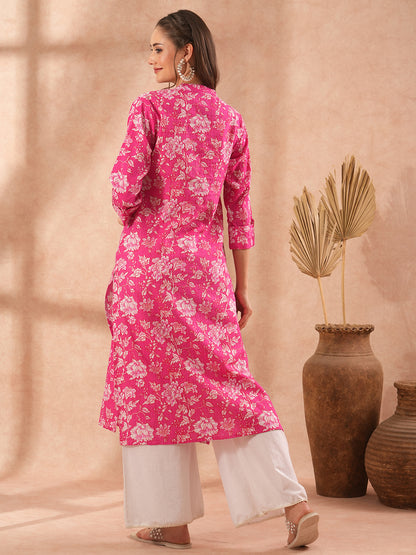 Floral Printed Straight Fit Kurta - Pink