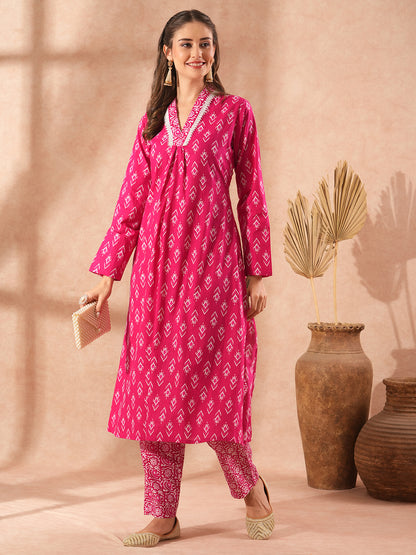 Ethnic Floral Printed A-Line Kurta with Printed Pant - Pink