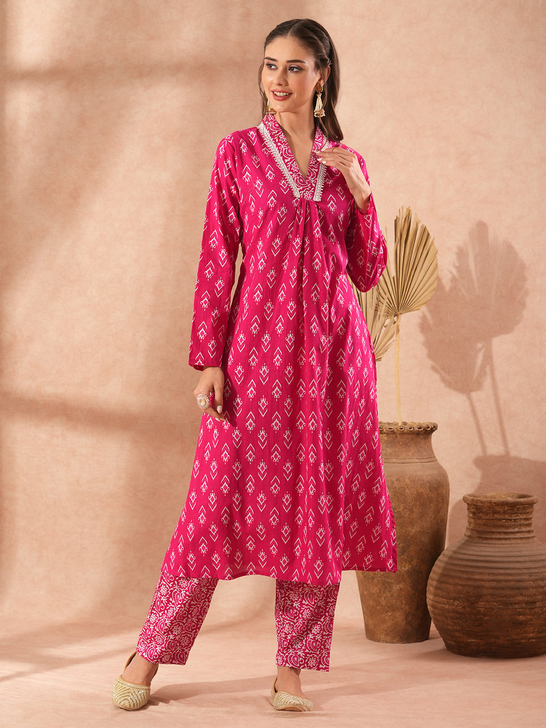 Ethnic Floral Printed A-Line Kurta with Printed Pant - Pink