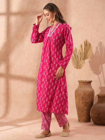 Ethnic Floral Printed A-Line Kurta with Printed Pant - Pink