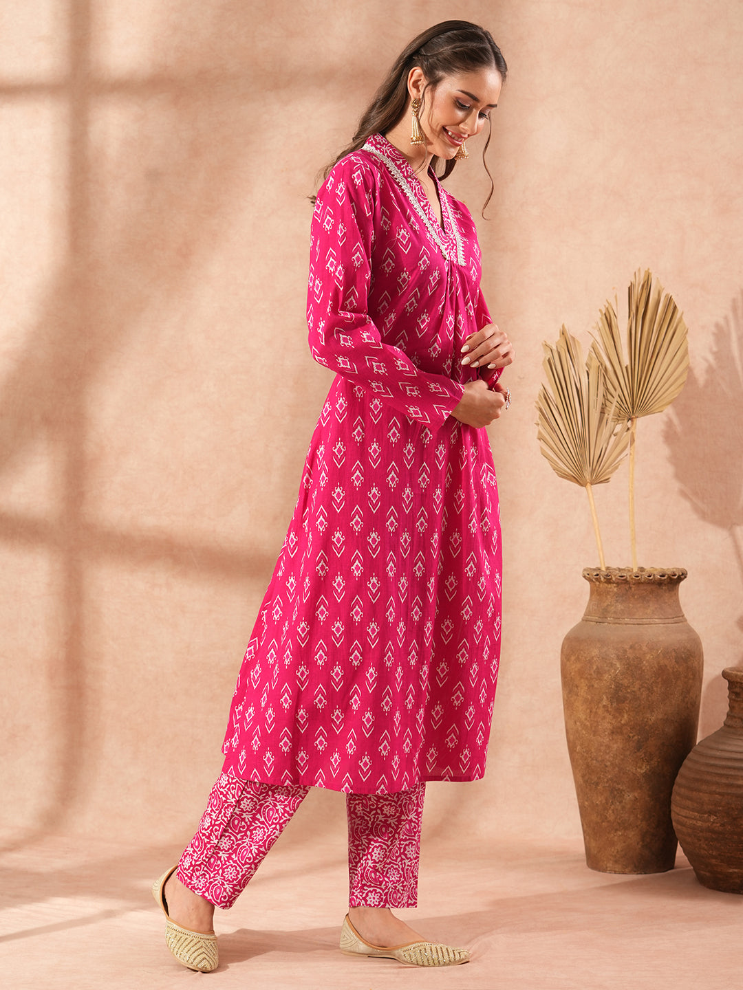 Ethnic Floral Printed A-Line Kurta with Printed Pant - Pink