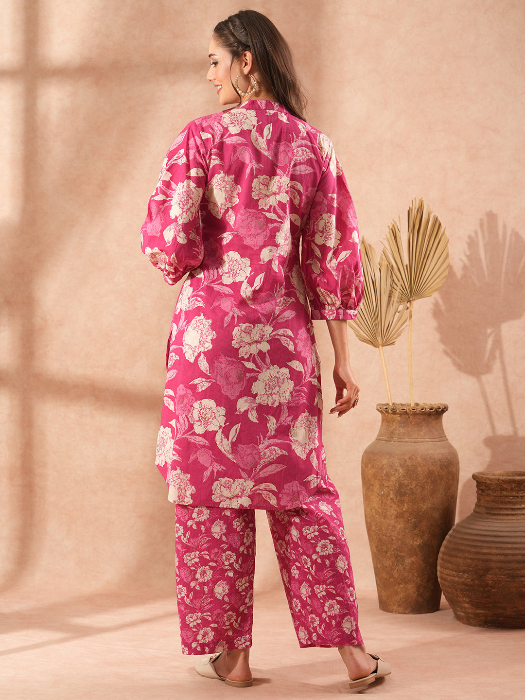 Abstract Floral Printed A-Line Kurta with Palazzo - Pink