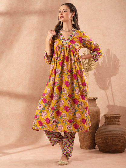 Abstract Floral Printed A-Line Pleated Kurta with Chevron Pant - Yellow