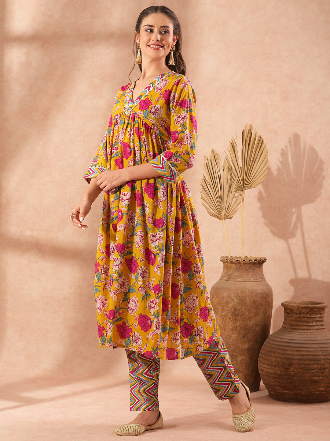 Abstract Floral Printed A-Line Pleated Kurta with Chevron Pant - Yellow