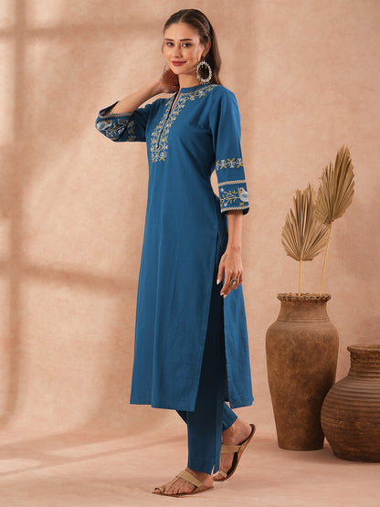 Ethnic Embroidered Straight Fit Co-ord Set - Blue