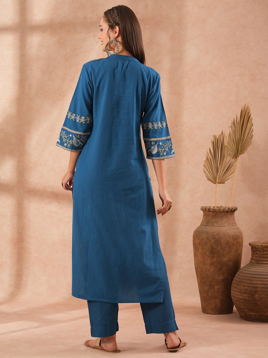 Ethnic Embroidered Straight Fit Co-ord Set - Blue