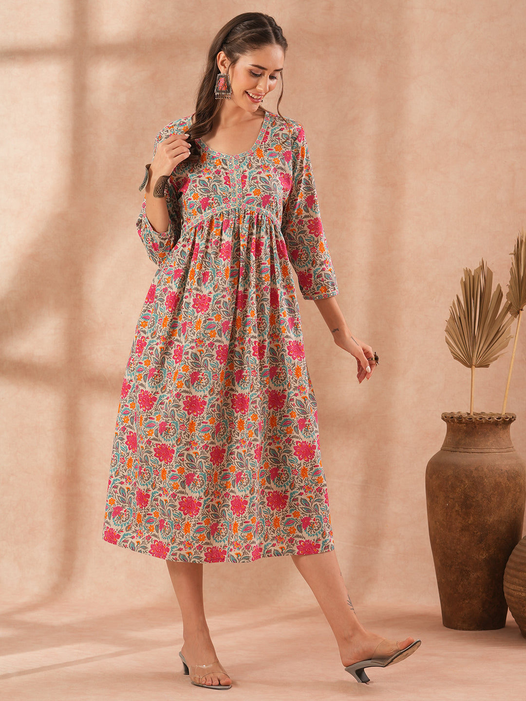 Ethnic Floral Printed Embroidered A-Line Pleated Midi Dress - Multi