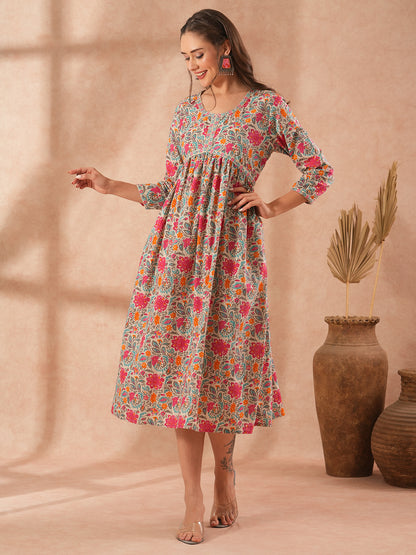 Ethnic Floral Printed Embroidered A-Line Pleated Midi Dress - Multi