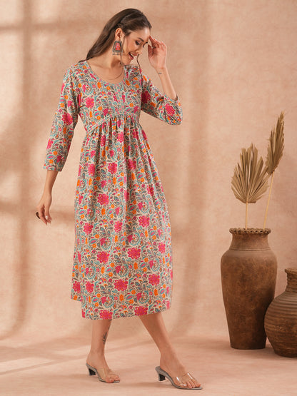 Ethnic Floral Printed Embroidered A-Line Pleated Midi Dress - Multi