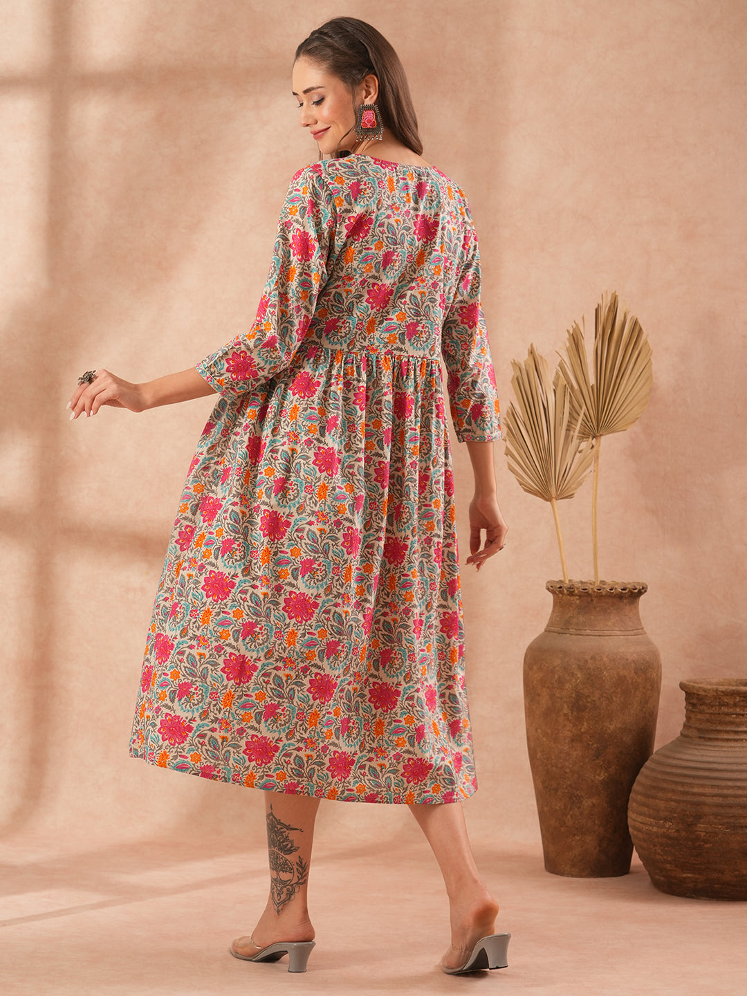 Ethnic Floral Printed Embroidered A-Line Pleated Midi Dress - Multi