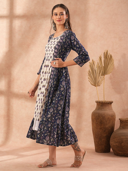 Ethnic Floral Printed Embroidered A-Line Pleated Midi Dress - Blue