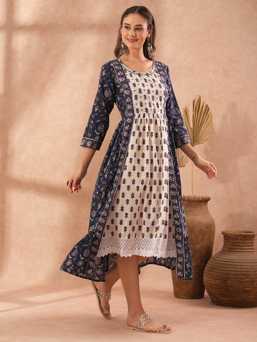 Ethnic Floral Printed Embroidered A-Line Pleated Midi Dress - Blue