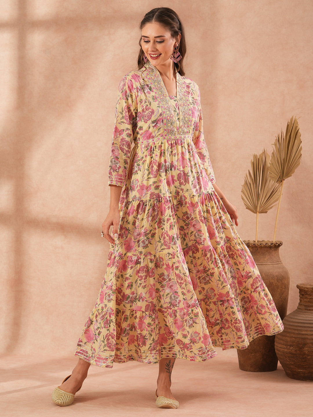 Ethnic Floral Printed & Embroidered A-Line Pleated Tiered Maxi 