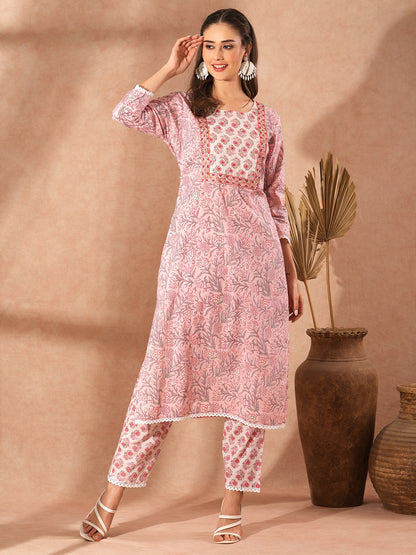 Ethnic Floral Printed & Embroidered Straight Fit Kurta with Pant - Light Pink