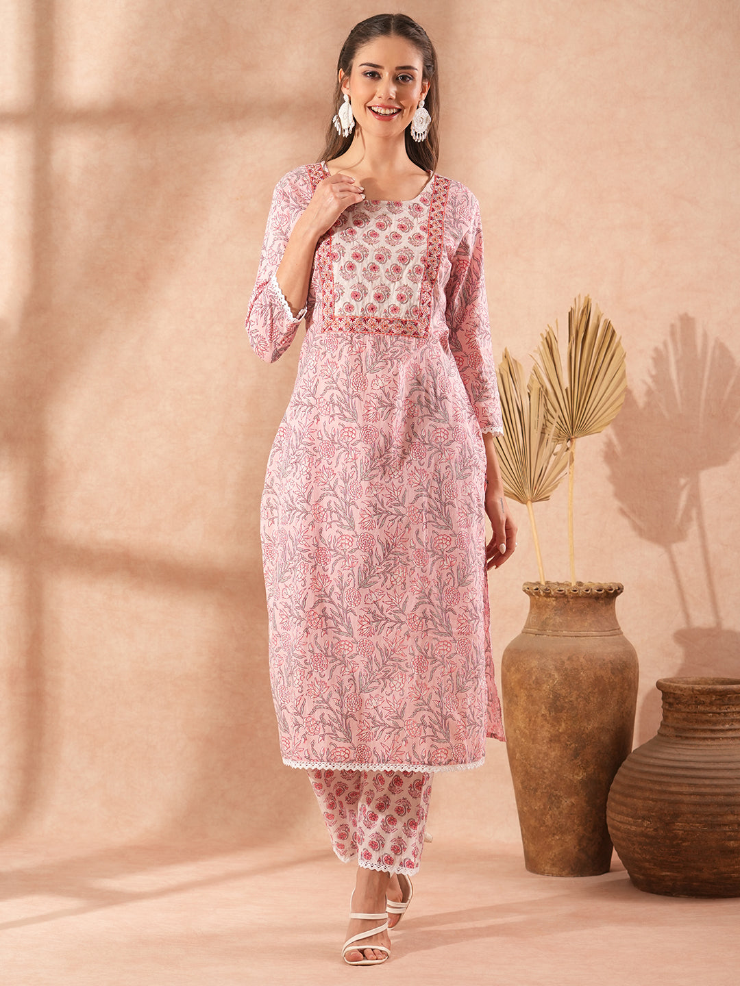 Ethnic Floral Printed & Embroidered Straight Fit Kurta with Pant - Light Pink