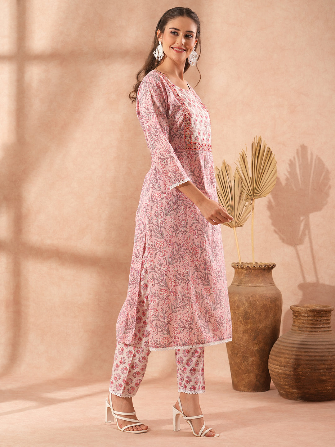 Ethnic Floral Printed & Embroidered Straight Fit Kurta with Pant - Light Pink