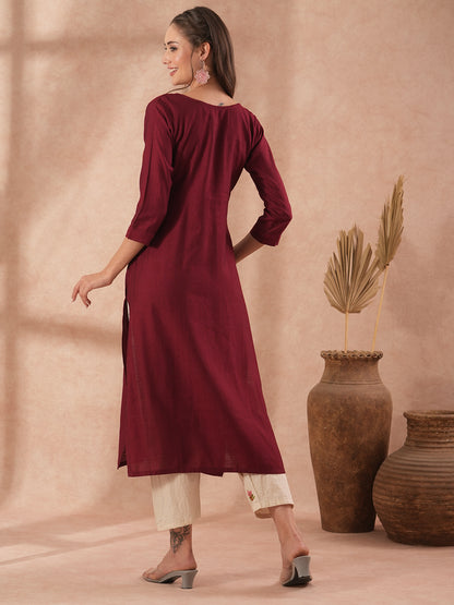 Solid Floral Hand Embroidered Straight Fit Kurta with Pant - Maroon