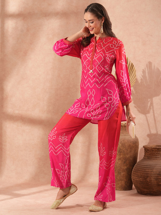 Bandhani Printed & Ombre Embroidered Straight Fit Co-ord Set - Pink